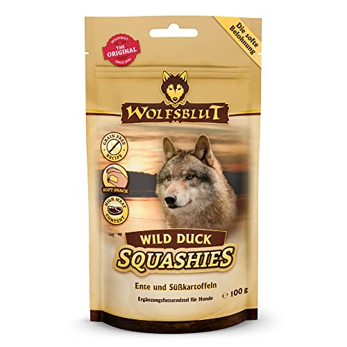 WOLFSBLUT – Wild Duck Squashies | Softe Snacks mit natürlichen Zutaten und wertvollen Superfoods für ausgewachsene Hunde. Getreidefreier Hundesnack ohne Zusatzstoffe im Beutel | 8x100g Ente