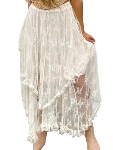 Apvirdy Women's Floral Lace Cascading Tiered High Waist Maxi Skirt Asymmetrical Summer Sheer Maxi Skirts