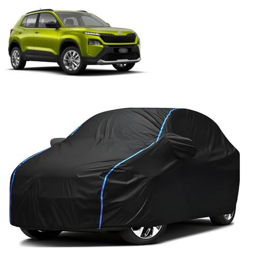 Image of Kerwa Car Body Cover Waterproof Compatible with Skoda Kylaq | Scratch Proof, Anti-Dust, UV Protection with Windproof Buckle Strap and Mirror Pockets, Bottom Elastic Fitted-Black