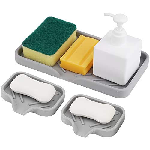 PHOGARY Porte-Savon de Cuisine en Silicone, Plateau d'évier de Cuisine Porte-Savon éponge pour Salle de Bain Baignoire Douche Prolonger la durée de Vie de l'économiseur de Savon 3 pièces (Gris)
