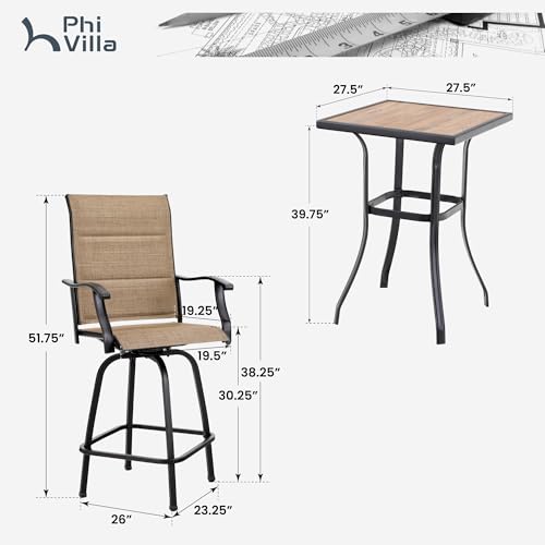Image of PHI VILLA 3 Piece Outdoor Swivel Bar Stools Set, Bar Height Patio Set with 2 Padded Textilene Fabric Chairs, All-Weather High Top Patio Bistro Table and Chairs Furniture, Brown