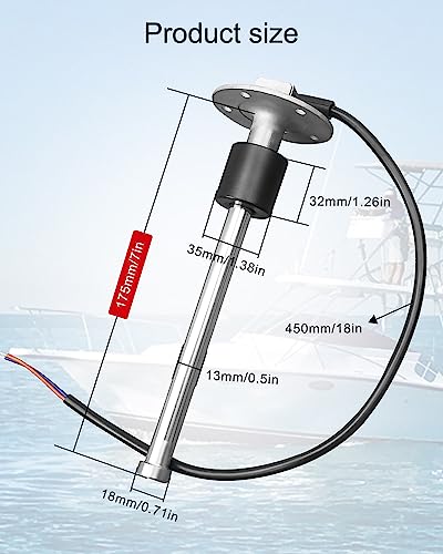 Image of OCHIKI 0-90ohm Boat Fuel Tank Sending Unit, 7 inch (175mm) Waterproof Fuel Sender Unit, Stainless Steel, Marine Fuel Level Sensor for Boat, Car, RV, Truck, Vehicle