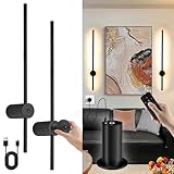 Battery Operated Wall Sconces with Remote Control, USB Rechargeable Wall Lights Wireless, Dimmable LED Wall Sconce Set of 2, 360° Rotation Adjustable Wall Decor for Living Room Bedroom, Black, 24 Inch