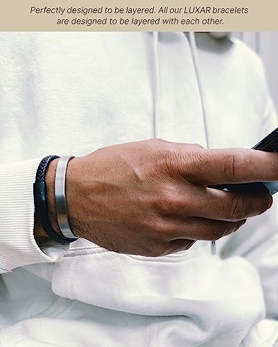 Luxar Men’s Genuine Interwoven Black Leather Braided Bracelet | Brushed Black Stainless Steel Clasp | Large (7-7½ Inch Wrist) | Male Jewelry #TOP2