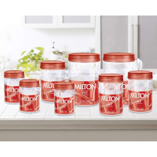 Image of MILTON Vitro Airtight Canister for Kitchen Storage Food Grade Plastic, Stackable & Transparent Organizer Jars, Set of 24(8 x 300ml,700ml,1400ml each) Tea,Coffee,Sugar,Dry Fruits, Grains, Pulses, Brown
