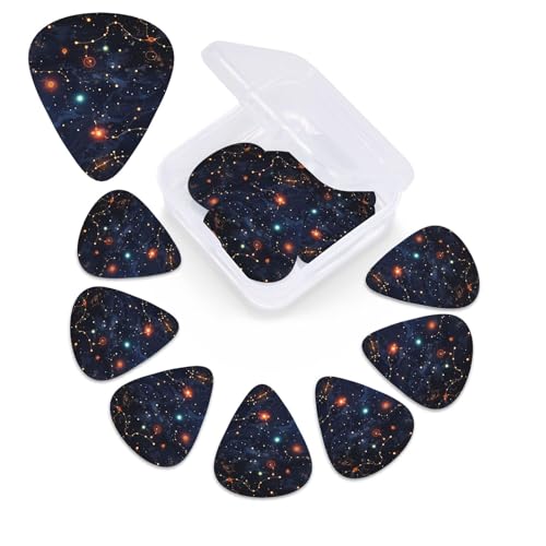 星座マップギターピック12個パック オーガナイザー収納ボックス付き 3種類の厚さのセルロイドプレクトル アコースティックギター、ベース、ウクレレ用 0.46mm、0.71mm、0.96mm