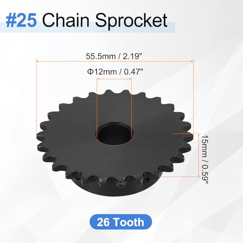 QUARKZMAN #25 Kettenrad 12mm Bohrung 55.5mm Außendurchmesser 26 Zähne C45 Kohlenstoffstahl ANSI #25 Rollenkettenrad Rundloch Mit Stellschrauben Für ISO 04C Kette Schwarz