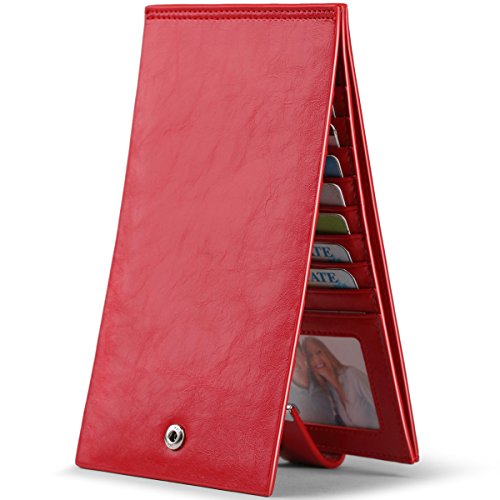 Long Genuine Leather Wallet for Women RFID Blocking Credit Card Holder with Zipper Purse (Red)