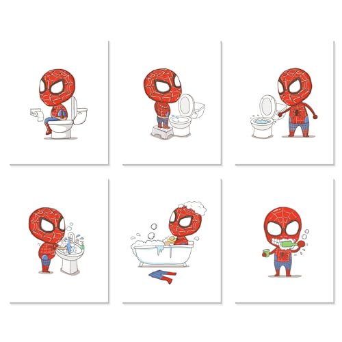 BigWig Prints Spider Man Bathroom Decor Makes Potty Training Fun Spiderman Kids Bathroom Wall Art Set Of 6 Unframed (8x10)