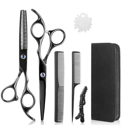Lictin 4 en 1 kit 6" Tijeras de Peluquería Profesional Corte de Pelo de Acero Inoxid con tijeras de corte, tijeras de entresacar, peine, clip y estuche para hombres y mujeres(Negro)