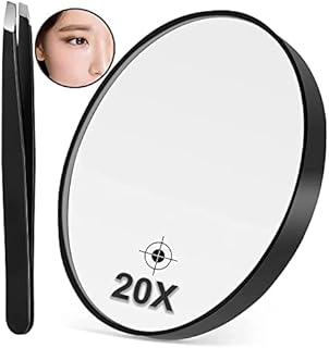 SAMTEK Magnifying Mirror with Tweezer, 20X Magnification Mirror with Suction Cup Makeup Mirror Round Magnifying Makeup Vanity Mirror Use for Makeup Application, Tweezing, Bedroom, Bathroom (Black)