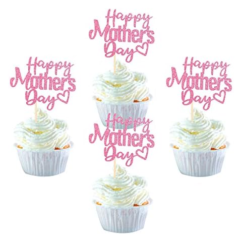 SYKYCTCY 24 Pack Happy Mother's Day Cupcake Toppers with Glitter Hollow Heart Love Mom Cupcake Picks Best Mom Cake Decorations for Women Birthday Happy Mother's Day Theme Party Supplies Pink Cover