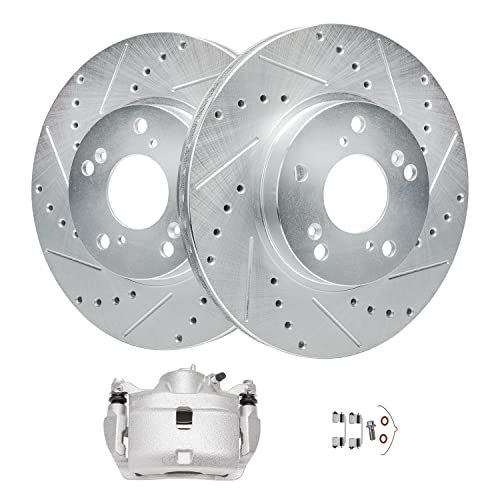 Image of Detroit Axle - Front Brake Kit for Honda CR-V Element Drilled Slotted Disc | Rotors Right Brake Caliper w /Bracket Replacement 11.10 inch Front Rotor