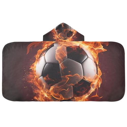 Image of Soccer Sport Fire Hooded Beach Towel for Kids, Kids Bath Hooded Towels for Boys Girls, Super Soft Absorbent Bathrobe with Hood for Swin Pool 50 inchx23.5 inch