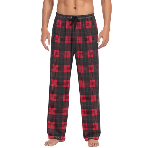 Men’s Red and Black Plaid Pajama Pants with Pockets, Comfortable Lounge Sleep Bottoms#13