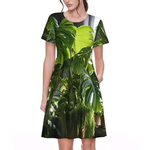 Robe d'été élégante manches courtes femme Monstera Deliciosa imprimé tropical