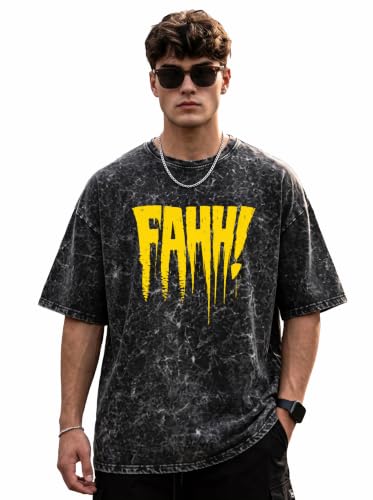 Image of Mens Premium Branded Oversized Acid Wash T Shirt for Men 220 GSM Acid Wash Down Shoulder Graphic Printed Round Neck Oversize Fit Casual