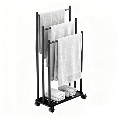 GAESHOW Porta Asciugamani Bagno da Terra con Ruote, Organizzatore a 3 Livelli in Metallo con Ripiano Moderno, Piantana Porta Asciugamani, Accessori Bagno, Nero