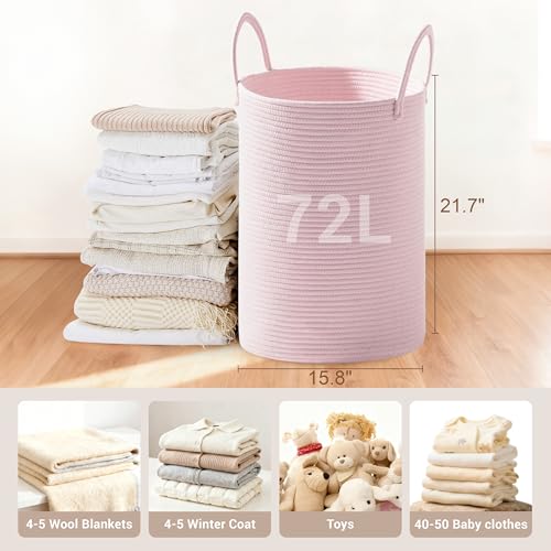Image of 72L Large Tall Cotton Rope Laundry Basket with Handles, Pink
