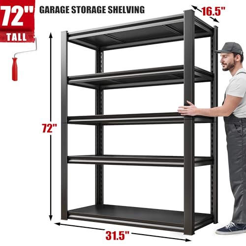 Raybee Storage Shelves, 72" H Garage Shelving, 5-Tier Adjustable Garage Shelves, 2000LBS Metal Shelving for Basement, Garage, Warehouse, Pantry, 72" H x 31.5" W x 16.5" D, Black
