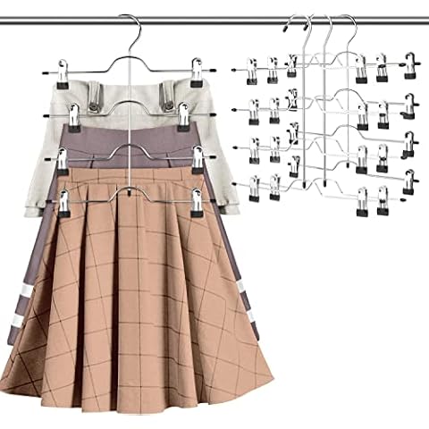 ZriEy Trouser Hangers with Clips, 4-Tier hangers for clothes Space Saving coat hangers, Skirt Hangers with 8 Adjustable Non Slip Clips, for Slacks, Jeans, Towels, Shorts,Skirt (Silver) Cover