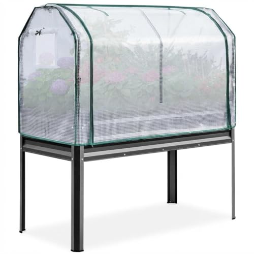 Garvee Hochbeet aus schwarz lackiertem Metall mit Mini-Gewächshaus aus PE und Schutzplane, Hochbeet für Garten und Balkon, hohe Qualität, langlebig, einfach zu montieren