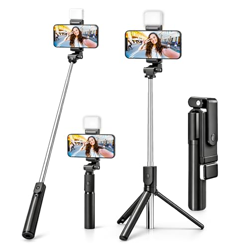Image of SWAPKART 3-in-1 Extendable Selfie Stick Tripod with Wireless Bluetooth Remote & LED Light for Photoshoot, Make Up & Selfie 70cm, Compatible with Smartphones & GoPro