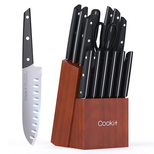 Knife Set with Block, Cookit 15 Pieces Kitchen Knife Set with Pine Block Holder, Knife Block Set with Sharpener, High Stainless Steel Knives with Comfortable-Grip ABS Handles