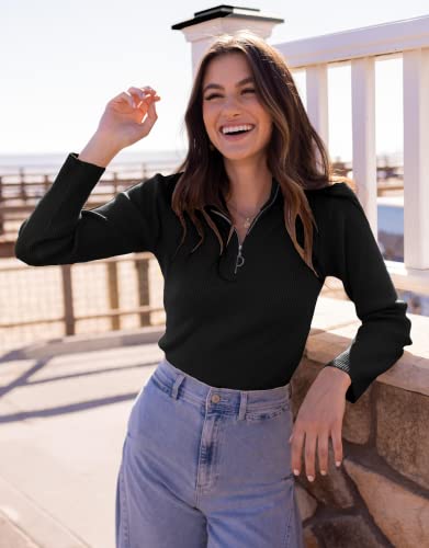 PRETTYGARDEN Fall Quarter Zip Pullover Sweaters for Women 2025 Long Sleeve Collared Fitted Ribbed Knit Tops2