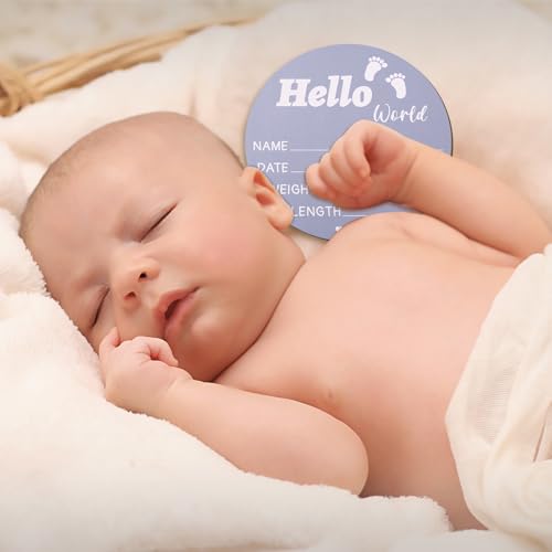 Image of Gosknor Baby Announcement Sign, Wooden Baby Name Sign Blue Birth Announcement Sign Hello World Baby Footprint Newborn Announcement Sign for Babies Nursery Hospital