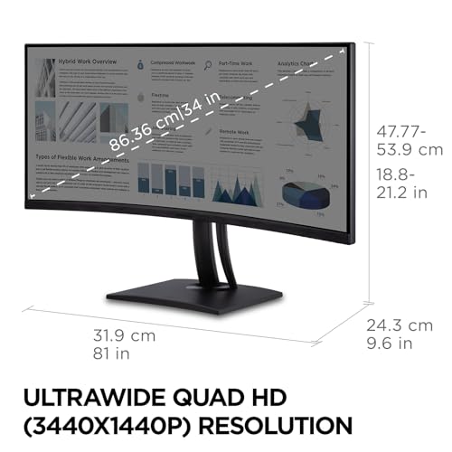 Image of ViewSonic VP3456A 34 Inch 1440p Ultrawide ColorPro Monitor, Curved Display with 100% sRGB and Pantone Validated for Professional Graphic Design, Advanced Ergonomics, 100W USB-C, HDMI, and DP Inputs
