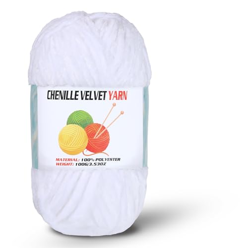 Image of Velvet Chenille Chunky Yarn, Handcrafts Weaving Soft Chenille Yarn for Crocheting Clearance, Used for Making Baby Yarn Blanket, Clothes, Knitting Creations (1 - White)
