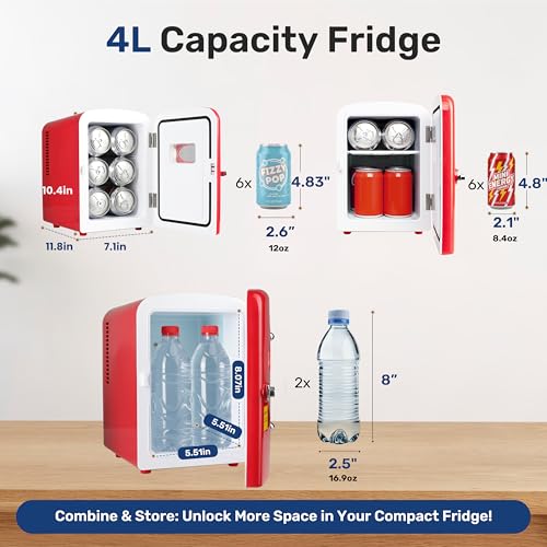 Image of Simple Deluxe Mini Fridge with Observation Window 6 Can Portable Cooler & Warmer Freon-Free Small Refrigerator, Compact Fridge for Skincare, Beverage, 4L with Window, Red