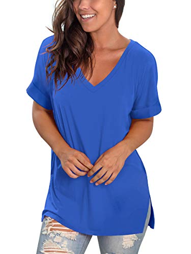 Image of Sampeel Women's V Neck T Shirts Casual Rolled Short Sleeve Side Split Summer Tops Loose Fit