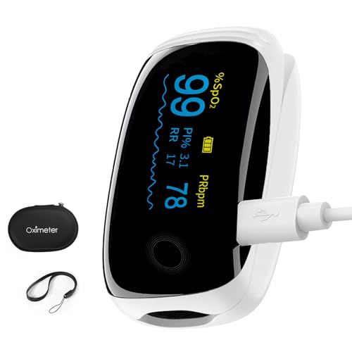 Rechargeable Pulse Oximeter Fingertip Oxygen Monitor Fingertip with SpO2 Pulse Rate and PI RR OLED Precision Fast Oximeter SpO2 Reading Outdoor Sports Home (White)