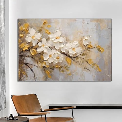 Peinture artistique fleurs blanches et dorées avec cadre de qualité supérieure