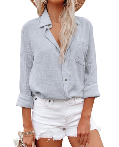 Womens Linen Button Down Shirt Cotton Dress Shirts Long Sleeve Co...
