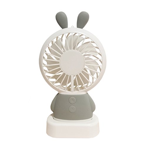 Weiwo-Tech Portable Mini Thin Fan, Rechargeable USB Desk Fan, Small Personal Adorable Necklace Handhold Fan, Multiple Color LED Night Light Fan, Office, Home Travel, Running (Grey Rabbit)