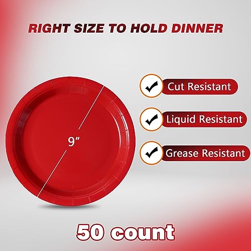 Image of Red Disposable Paper Plates, 9 Inch Dinner Party Plates, 50 Count Bulk | Colored and Sturdy Durable Party Plates, for Birthday, Halloween, Christmas, Baby & Bridal Showers, BBQ, Pizza & Sandwiches