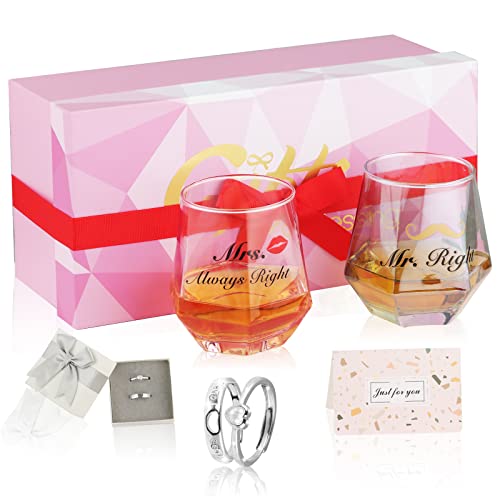 Charmgiftbox Stemless Wine Glass Set Of 2 With Matching Rings, 10Oz Wine Glasses Gifts For Mr And Mrs, Engagement Wedding Gifts For Bride And Groom, Birthday Bridal Shower Newlywed Couples Gifts #TOP7