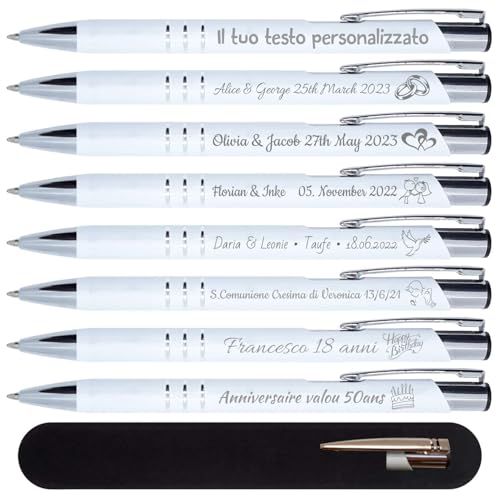 Penne personalizzate di ottima qualità: 50 penne in metallo con incisione, ideali come regalo per gli invitati al matrimonio. Le penne sono incise al laser e hanno ricariche di inchiostro blu sostituibili.