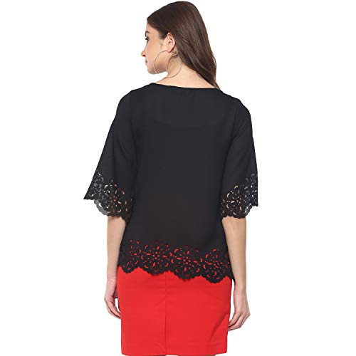 Image of mayra Women's Black Color 3 /4 Sleeve Laser Cut Out Top