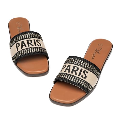 Athlefit Women's Slides Summer Fashion Slip On Flat Sandals Dressy Black Multi Size 7.5 — view 6