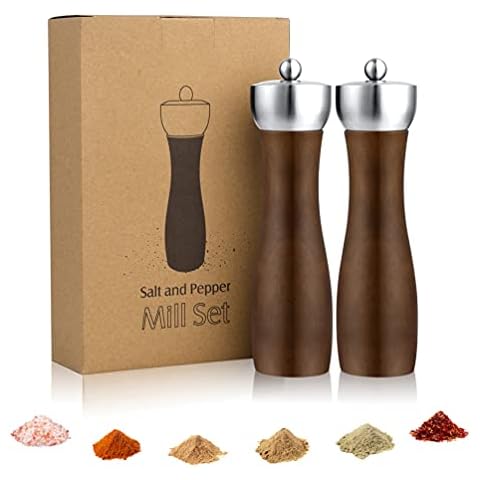 Salt and Pepper Grinder Set - Wooden Salt and Pepper Mill Shaker Easy Adjustable Ceramic Coarseness Large Refillable Salt and Pepper Grinders Pack of 2 Gift Set for Home Kitchen Chef Cover
