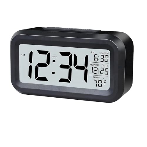 Digital Alarm Clock Battery Operated with Large Display, Night Light Sensor, Temperature and Date | Bedside Clock for Bedroom, Dorm, Office Desk, Bathroom, Kids, Travel