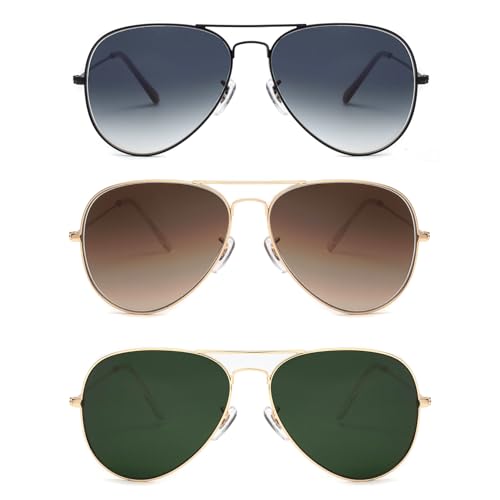 JIMMY SUNSHINE 3 Pack Classic Aviator Sunglasses for Men Women - Driving Eyewear with Real Glass Lens for UV Blocking