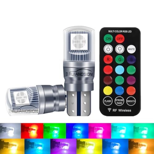 Ruiandsion T10 194 W5W RGB LED Bulb with Remote Control 16 Colors Strobe Atmosphere Lights Replacement for 12V Car Interior/Map/Dome/Door/License Plate Light, Pack of 2