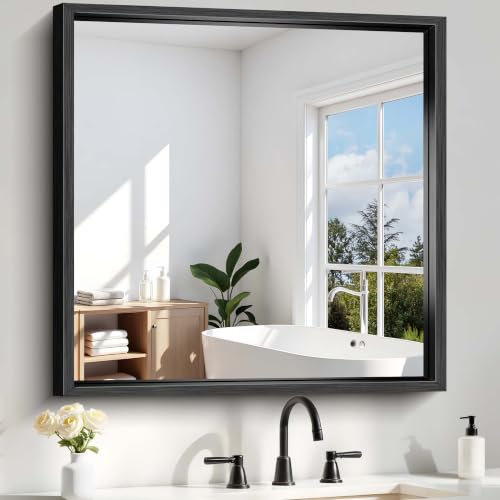 Image of Bathroom Mirror, 36 x 36 inch Brushed Black Square Mirrors for Wall | 0.6 inch Thickened Deep Frame Rectangle Mirrors for Over Sink, Shatterproof Tempered Glass, Antirust, Horizontally or Vertically