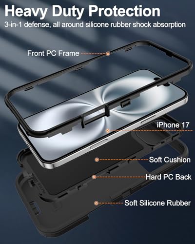 Image of for iPhone 17 Case with Port Cover, Rubber Matte Finish, Black | 3-Layer Heavy Duty Armor, 16ft Drop Protection, Non-Slip Shockproof & Anti-Fingerprint