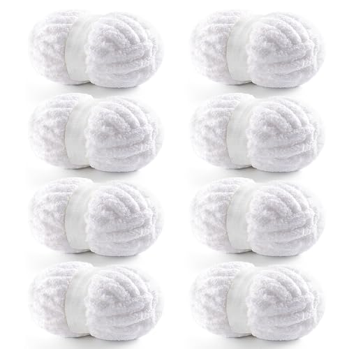8 Pack Chunky Yarn for Hand Knitting - Chunky Chenille Blanket Yarn for Crocheting - Jumbo Fluffy Yarn for Crochet - Super Bulky Yarn 25 yds 7.7 oz Each Skein (Pure White)